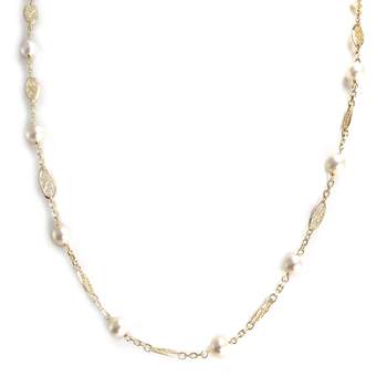 Collier d'occasion en or jaune 750, maille filigrane, perles de culture, 50 cm