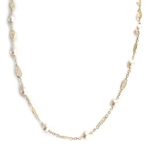 Pre-owned 750 yellow gold filigree chain necklace with cultured pearl
