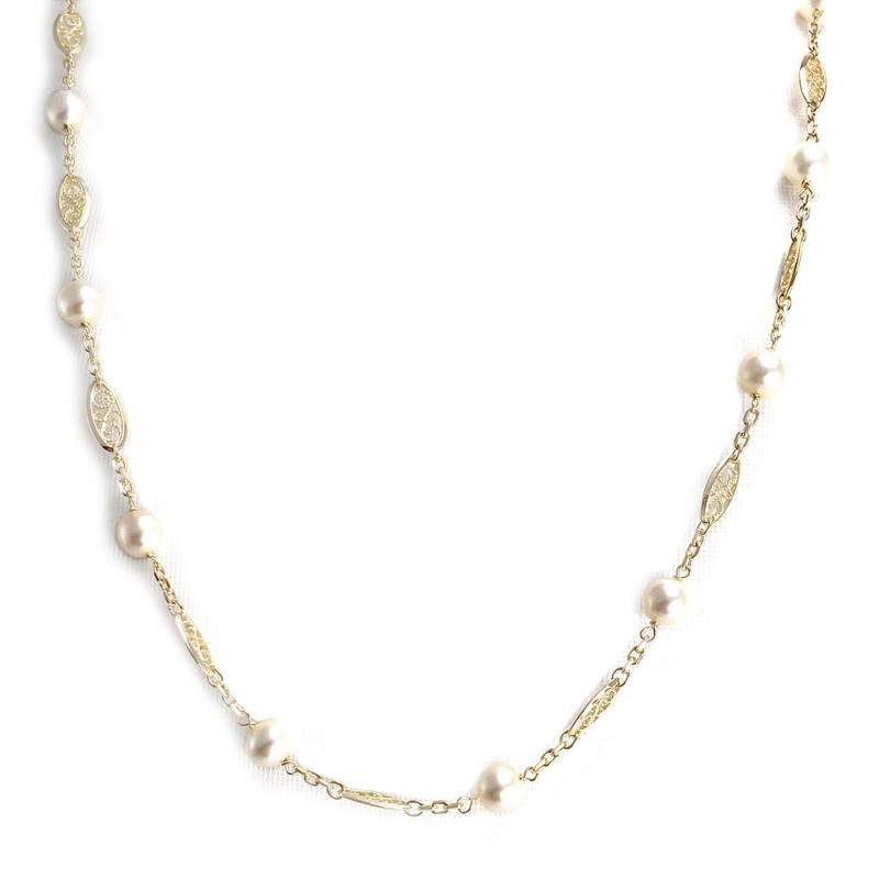 Collier d'occasion en or jaune 750, maille filigrane, perles de culture, 50 cm - vue 1