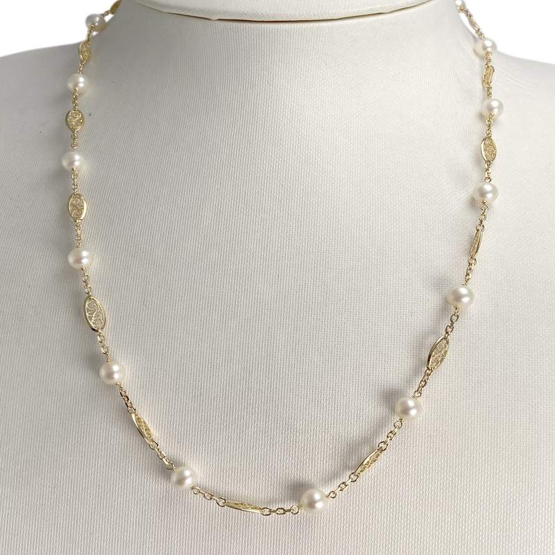 Collier d'occasion en or jaune 750, maille filigrane, perles de culture, 50 cm - vue 2