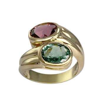 Bague d'occasion or 750 jaune tourmalines rose et verte