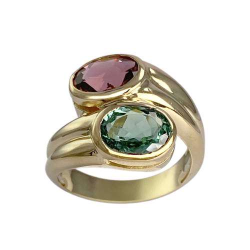 Bague d'occasion or 750 jaune tourmalines rose et verte