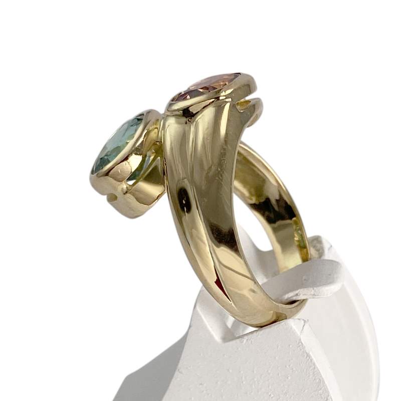 Bague d'occasion or 750 jaune tourmalines rose et verte - vue 2