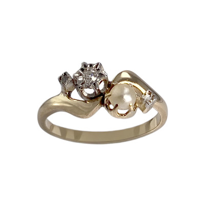 Bague d'occasion or 750 jaune platine perle de culture diamants - vue 1