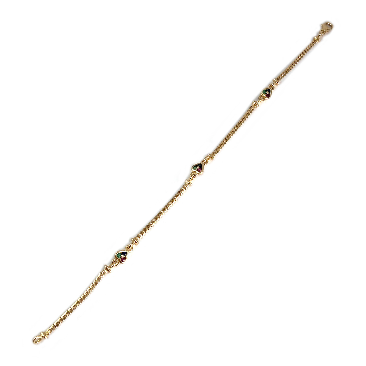 Bracelet d'occasion or 750 jaune coeur maille anglaise rubis saphir émeraude - vue 2