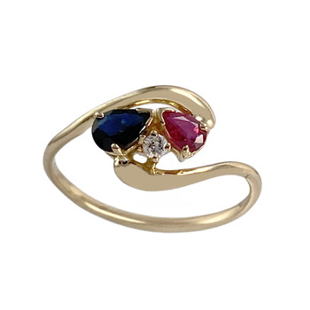 Pre-owned 750 yellow gold ring with diamonds, rubies, and sapphires