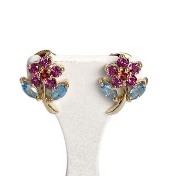 Boucles d'oreilles d'occasion or 750 jaune topazes bleue traitée et grenats