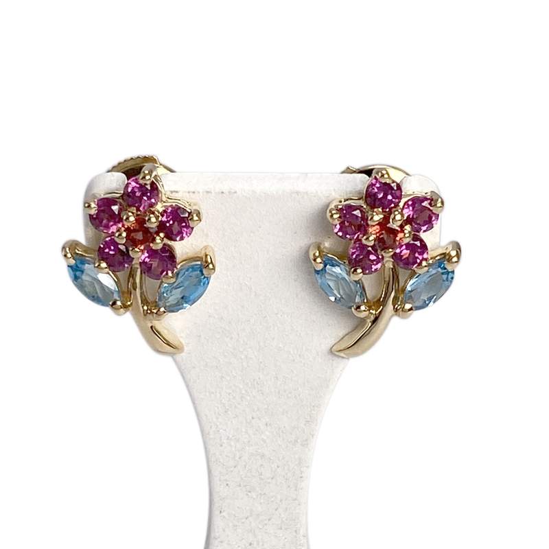 Boucles d'oreilles d'occasion or 750 jaune topazes bleue traitée et grenats - vue 1