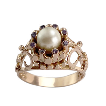 Tweedehands ring van 750 geelgoud met zirkonia’s en een gekweekte parel
