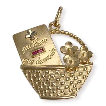 Pendentif AUGIS d'occasion or 750 2 tons panier de fleurs rubis synthétiques
