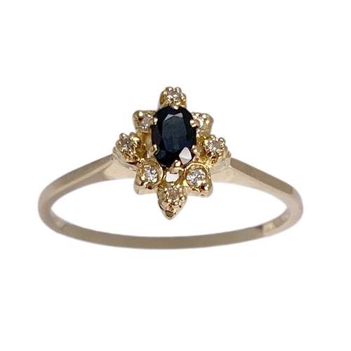 Tweedehands gouden 750 gele diamanten saffieren ring