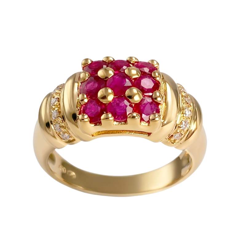 Bague d'occasion or 750 jaune rubis rouge et diamant - vue 1