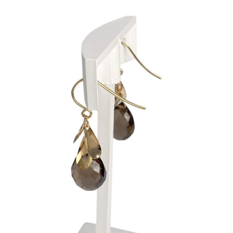 Boucles d'oreilles d'occasion or 750 jaune quartz fumé - vue 2