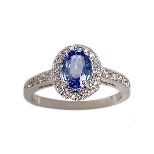 Tweedehands goud 750 witte diamanten saffier ring