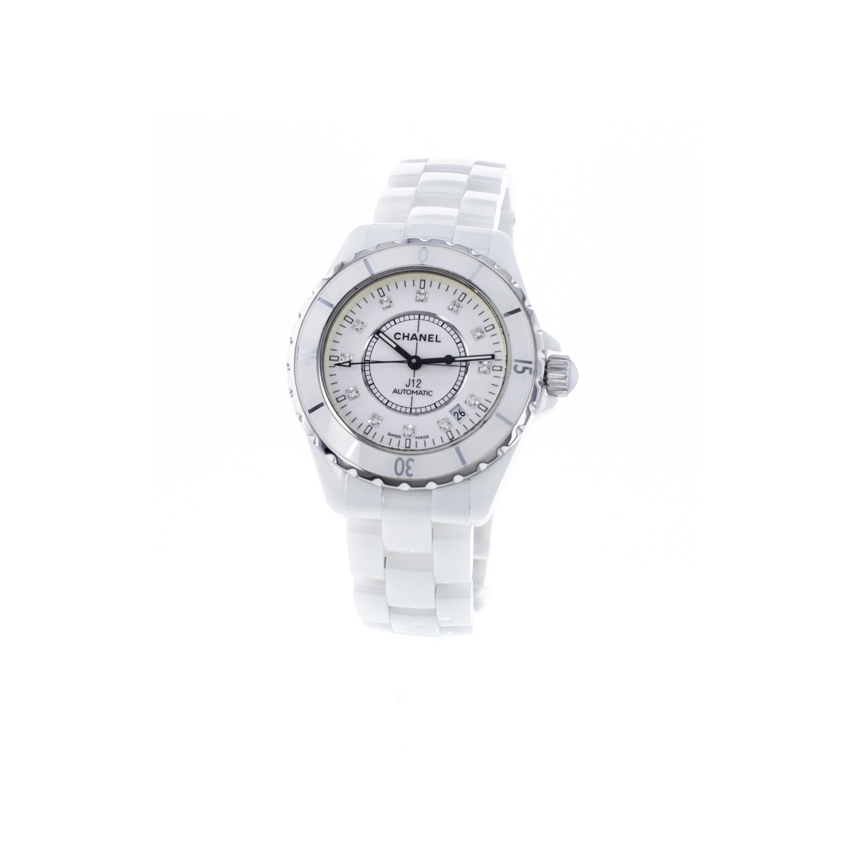 Montre d'occasion CHANEL J12 Blanche Diamants femme automatique bracelet céramique - vue 4