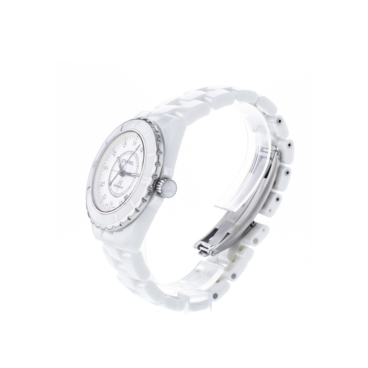 Montre d'occasion CHANEL J12 Blanche Diamants femme automatique bracelet céramique - vue D2