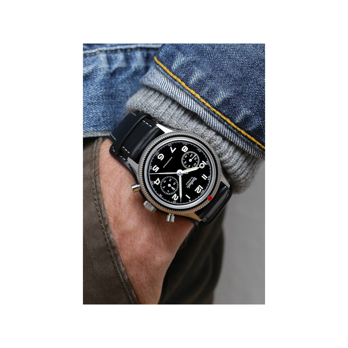 Montre d'occasion HANHART 1882 417ES - 42mm homme mécanique bracelet cuir d'origine - vue porté 1