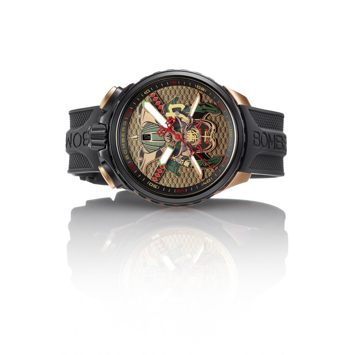 Montre d'occasion BOMBERG Bolt-68 Heritage Golden Samourai homme quartz bracelet caoutchouc - vue D3