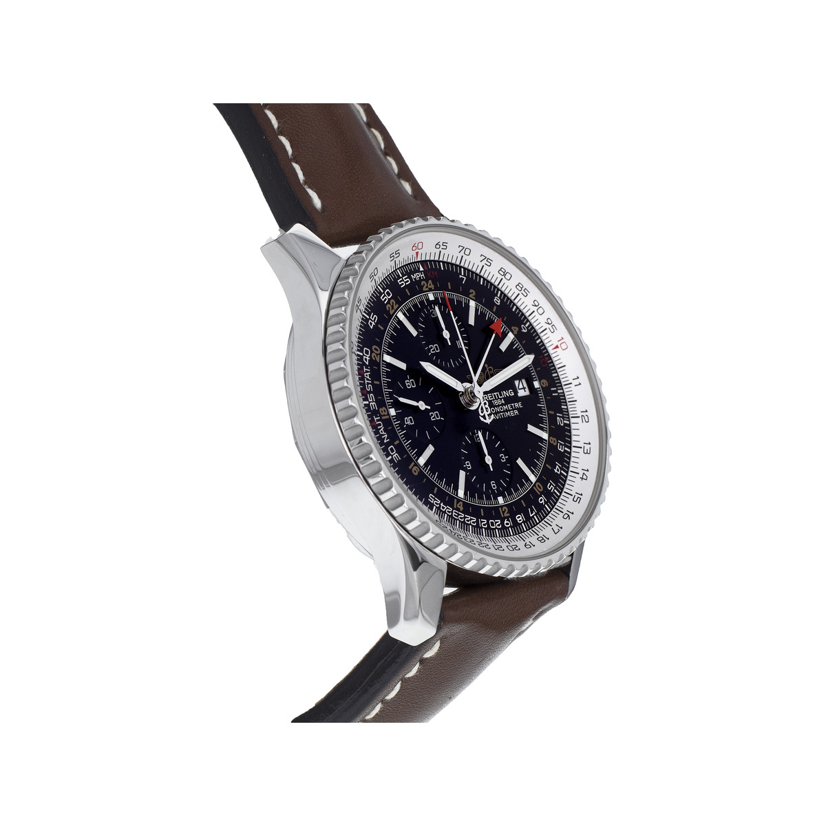 Montre d'occasion BREITLING Navitimer World homme automatique bracelet cuir d'origine - vue 2