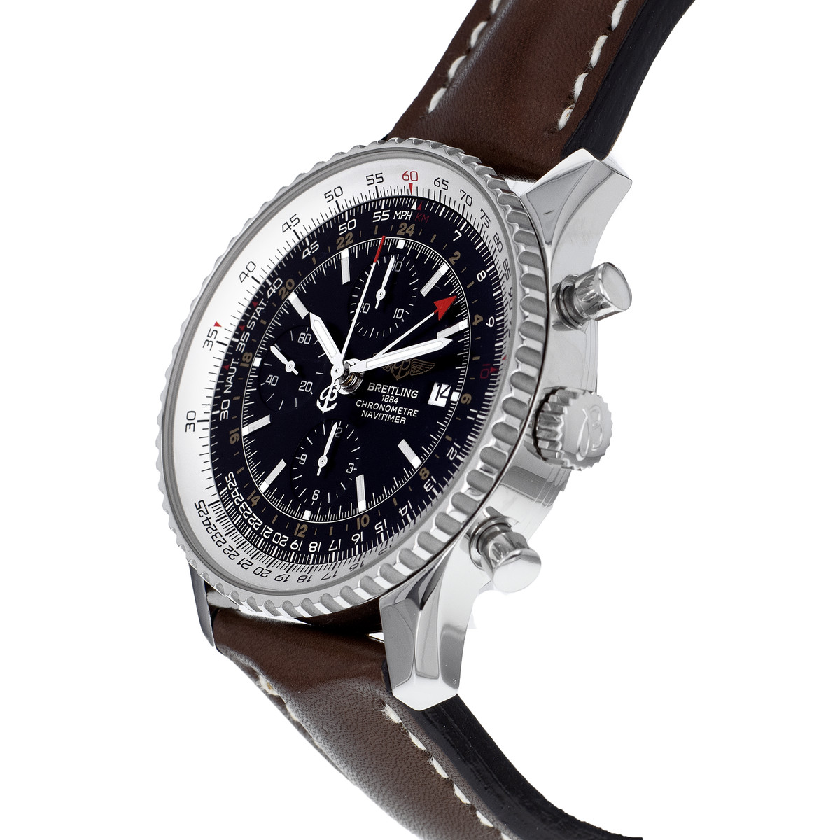 Montre d'occasion BREITLING Navitimer World homme automatique bracelet cuir d'origine - vue D2