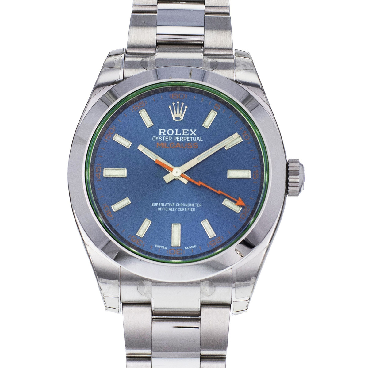 Montre d'occasion ROLEX Milgauss GV Z-Blue homme mouvement automatique certifié (cosc) bracelet acier - vue D1