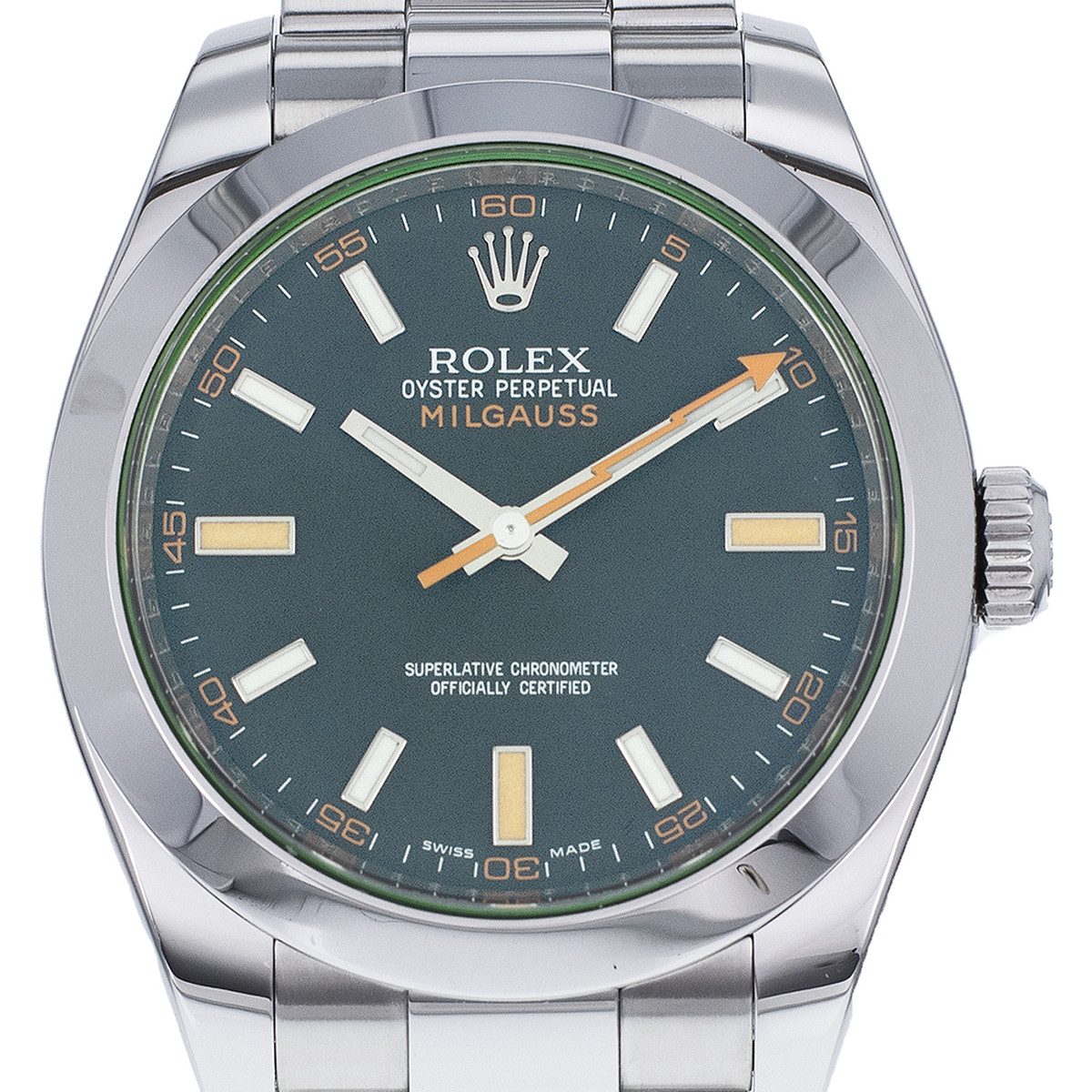 Montre d'occasion ROLEX Milgauss GV homme mouvement automatique certifié (cosc) bracelet acier - vue D1