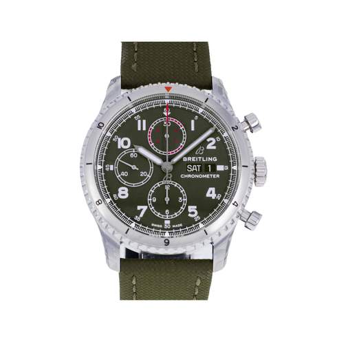 Montre d'occasion BREITLING Aviator 8 Chronograph 43 Curtiss Warhawk homme mouvement automatique certifié (cosc) bracelet cuir d'origine