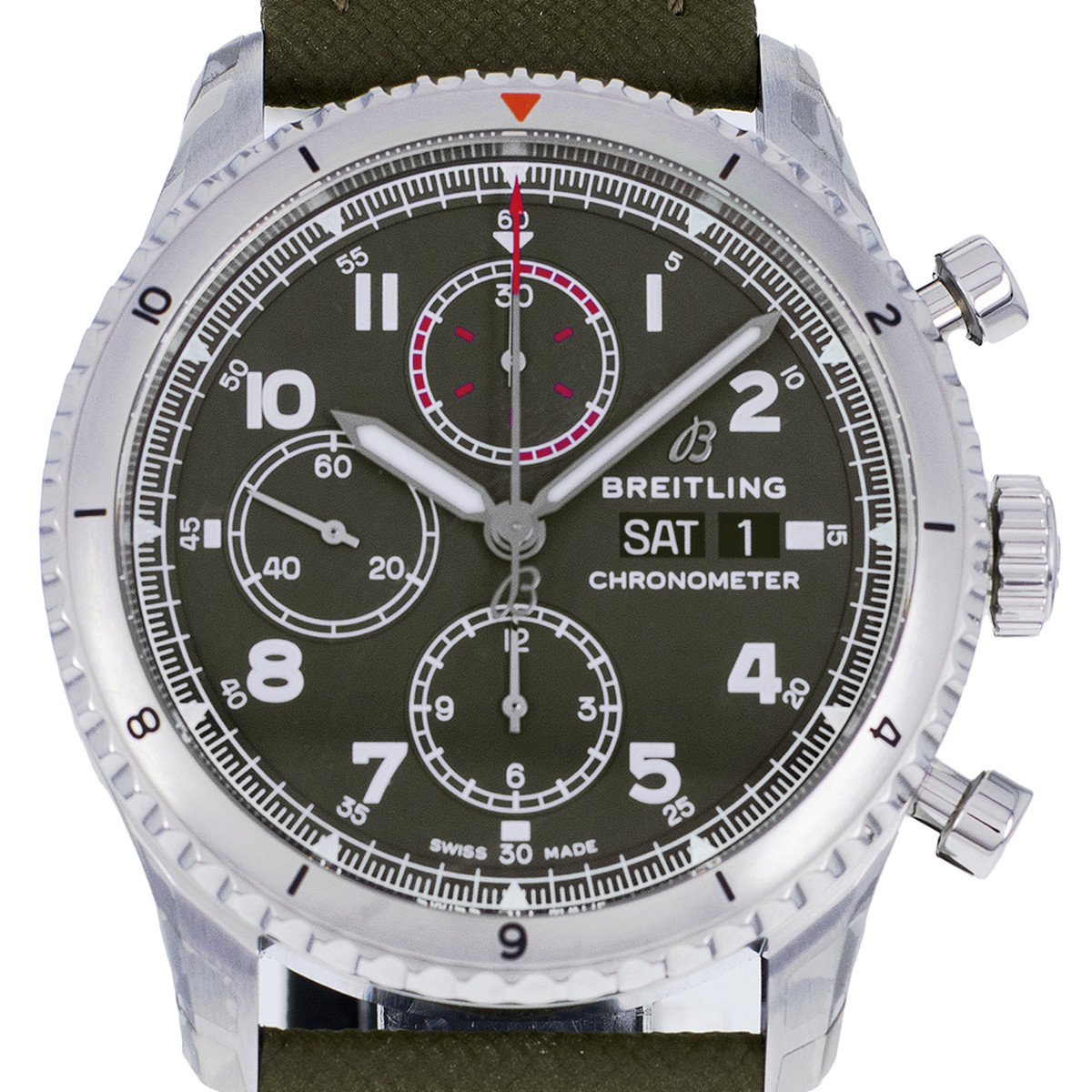 Montre d'occasion BREITLING Aviator 8 Chronograph 43 Curtiss Warhawk homme mouvement automatique certifié (cosc) bracelet cuir d'origine - vue D1