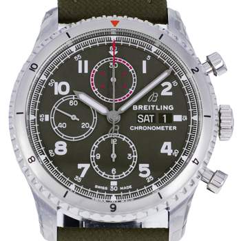 Montre d'occasion BREITLING Aviator 8 Chronograph 43 Curtiss Warhawk homme mouvement automatique certifié (cosc) bracelet cuir d'origine