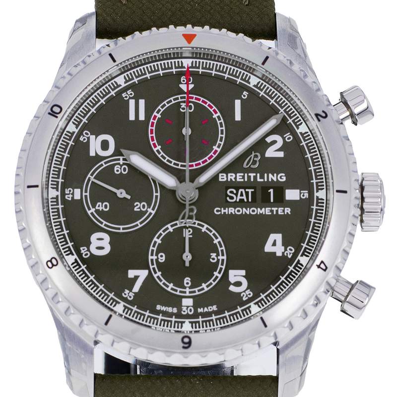 Montre d'occasion BREITLING Aviator 8 Chronograph 43 Curtiss Warhawk homme mouvement automatique certifié (cosc) bracelet cuir d'origine - vue D1
