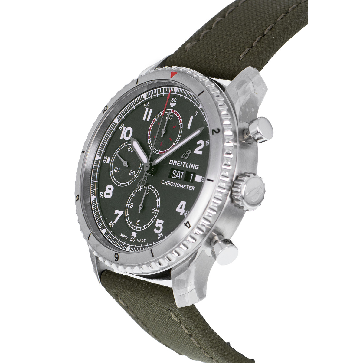 Montre d'occasion BREITLING Aviator 8 Chronograph 43 Curtiss Warhawk homme mouvement automatique certifié (cosc) bracelet cuir d'origine - vue D2