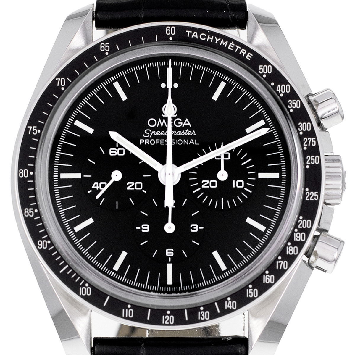 Montre d'occasion OMEGA Speedmaster Moonwatch homme mécanique bracelet cuir d'origine - vue D1