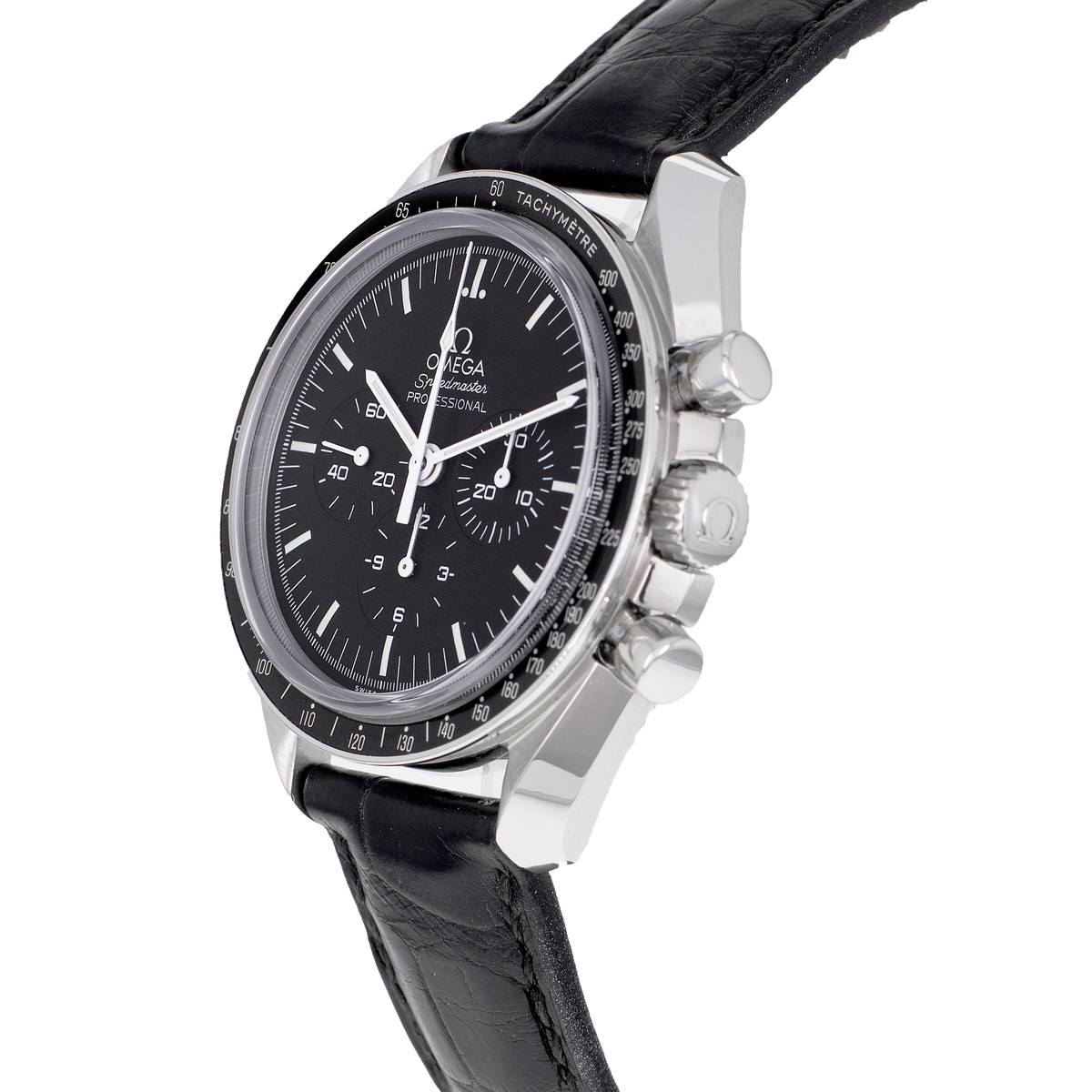 Montre d'occasion OMEGA Speedmaster Moonwatch homme mécanique bracelet cuir d'origine - vue D2