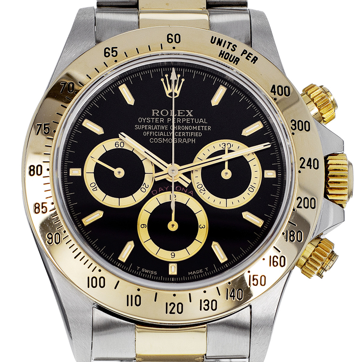 Montre d'occasion ROLEX Cosmograph Daytona homme mouvement automatique certifié (cosc) bracelet or jaune 750/000 et acier - vue D1