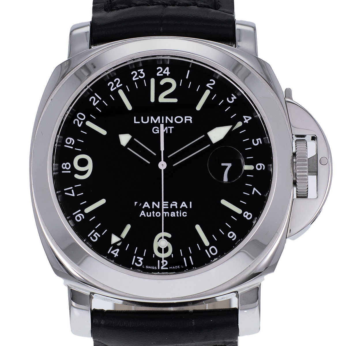 Montre d'occasion PANERAI Luminor Gmt homme mouvement automatique certifié (cosc) bracelet cuir cresus - vue D1