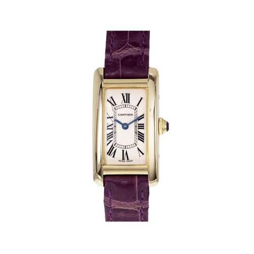Montre d'occasion CARTIER Tank Américaine femme quartz bracelet cuir d'origine