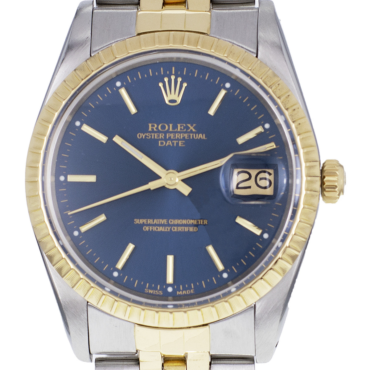 Montre d'occasion ROLEX Oyster Perpetual Date homme mouvement automatique certifié (cosc) bracelet or jaune 750/000 et acier - vue D1
