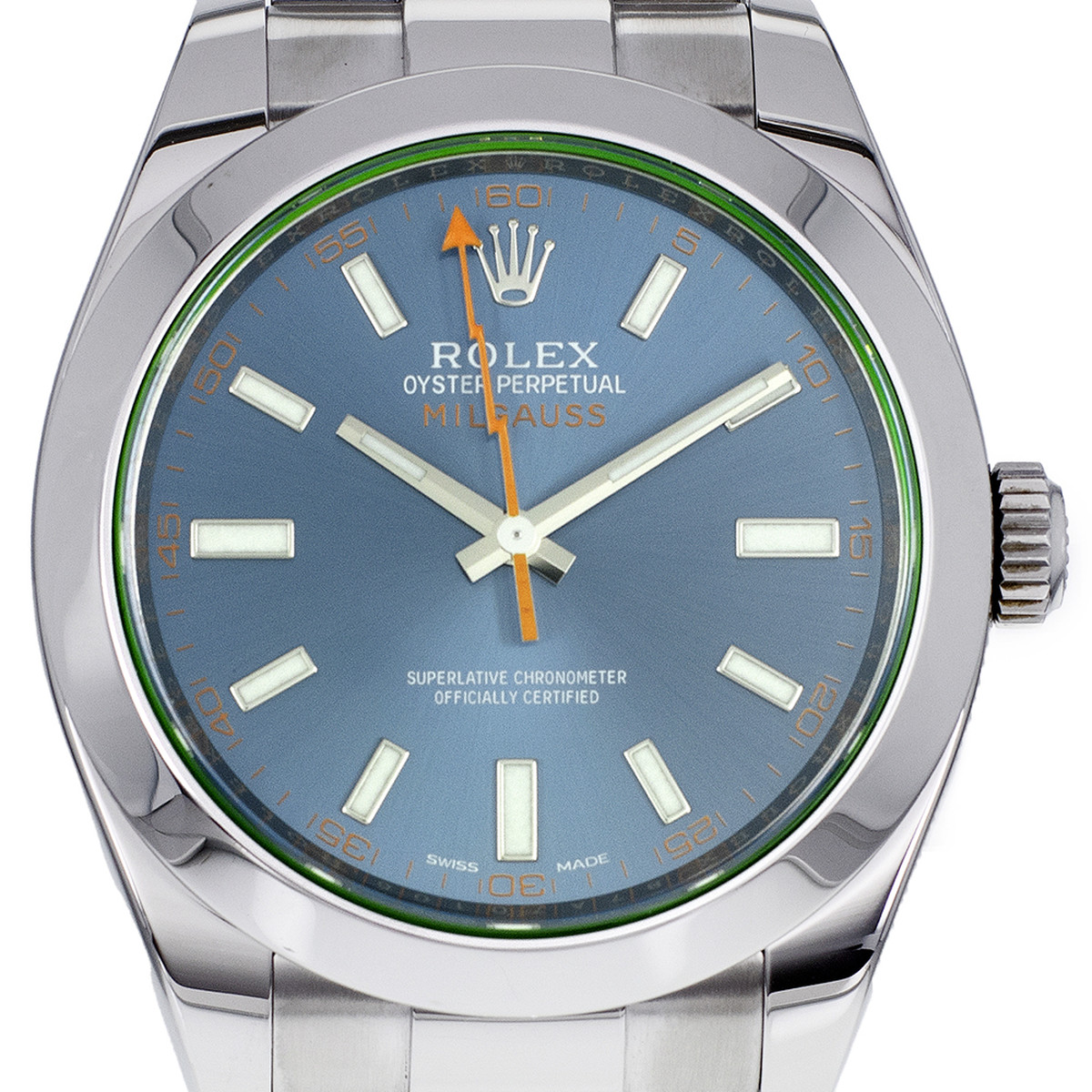Montre d'occasion ROLEX Milgauss GV homme mouvement automatique certifié (cosc) bracelet acier - vue D1