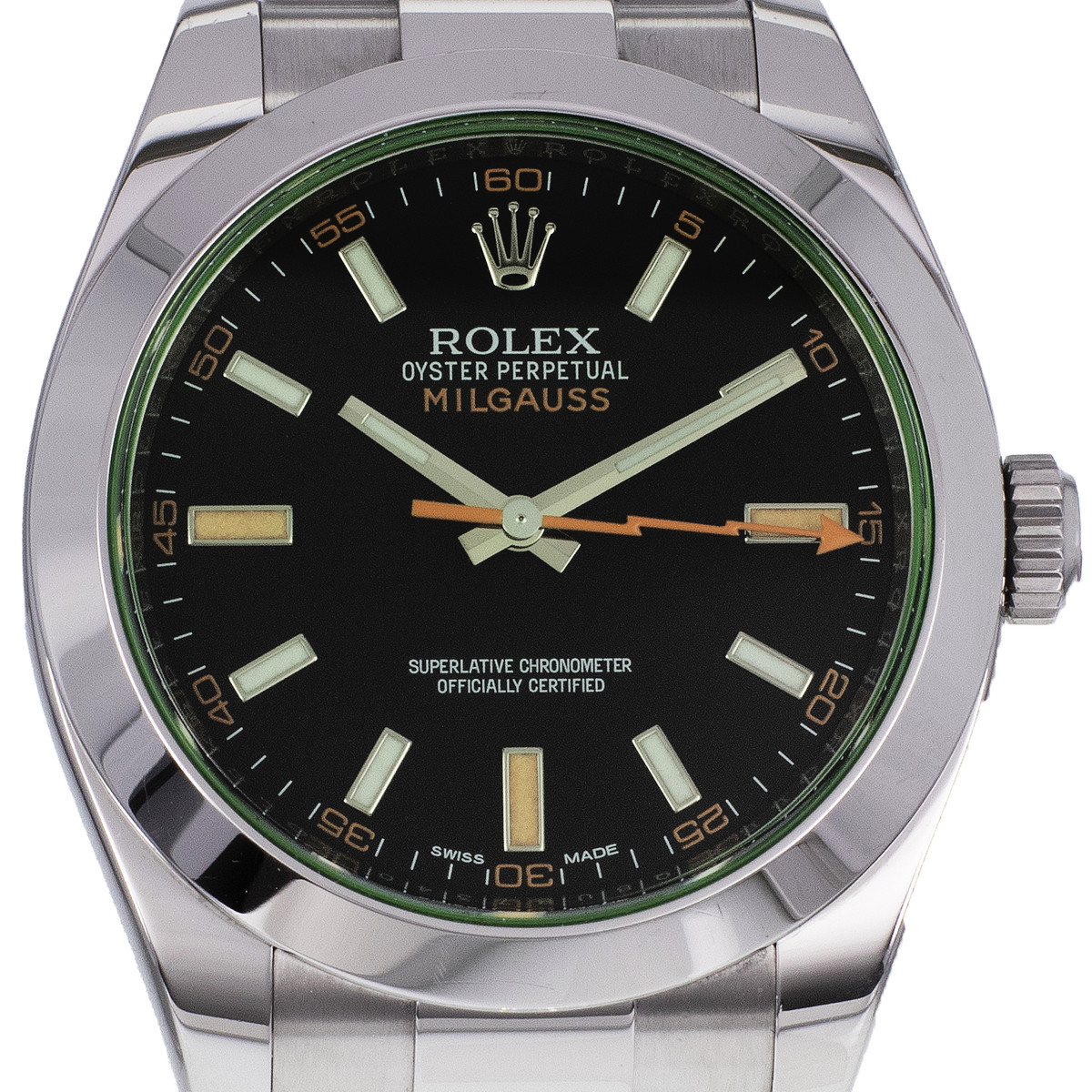 Montre d'occasion ROLEX Milgauss GV homme mouvement automatique certifié (cosc) bracelet acier - vue D1