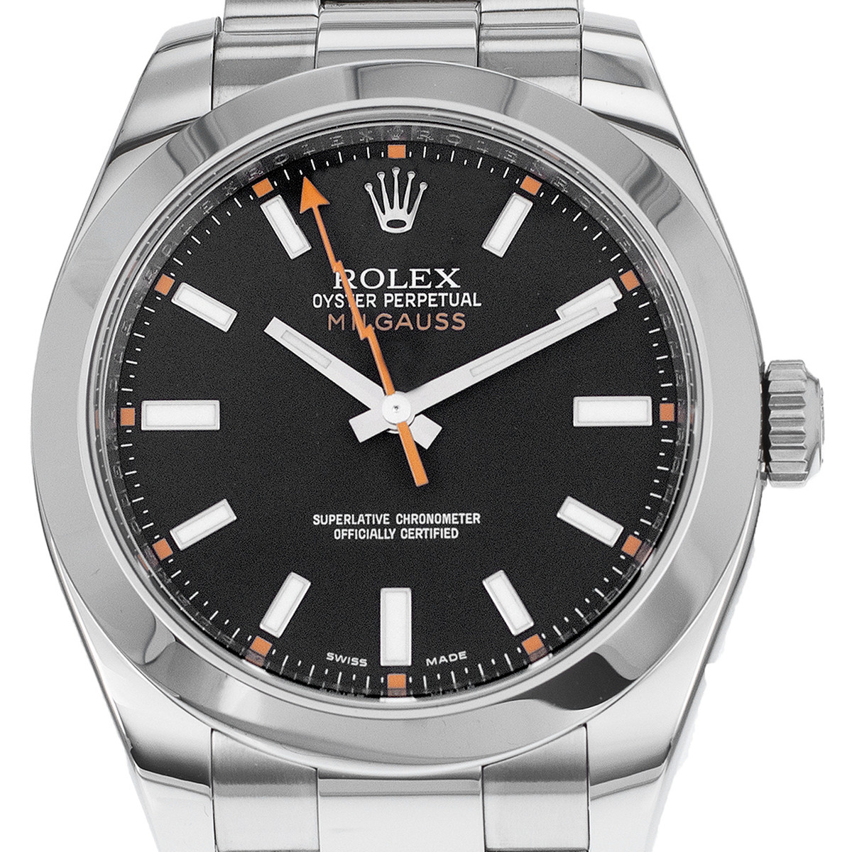 Montre d'occasion ROLEX Milgauss homme mouvement automatique certifié (cosc) bracelet acier - vue D1
