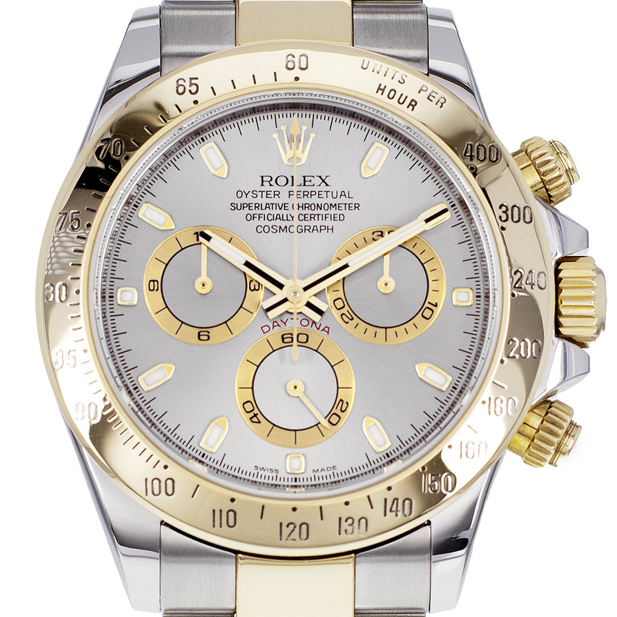 Montre d'occasion ROLEX Cosmograph Daytona homme mouvement automatique certifié (cosc) bracelet or jaune 750/000 et acier - vue D1