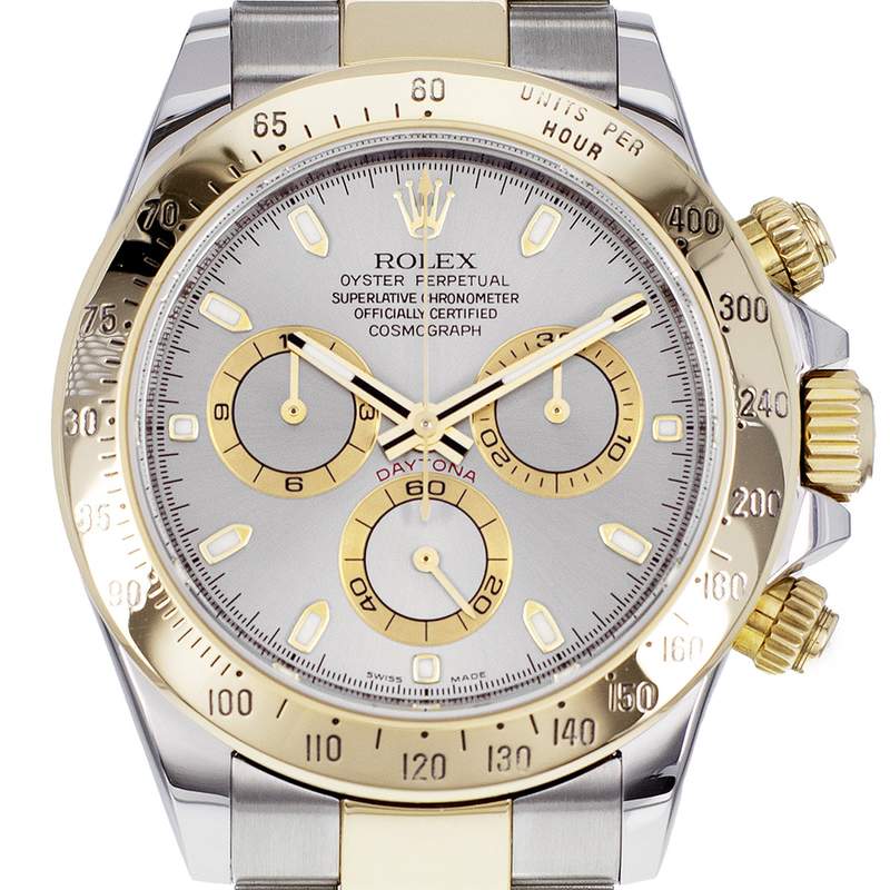 Montre d'occasion ROLEX Cosmograph Daytona homme mouvement automatique certifié (cosc) bracelet or jaune 750/000 et acier - vue D1