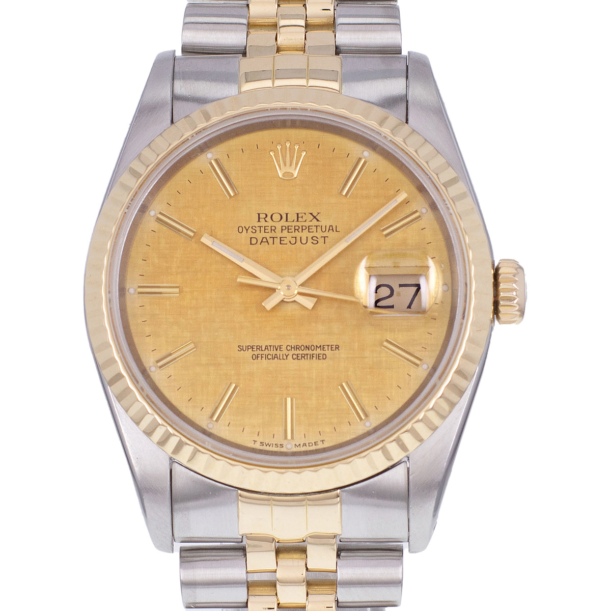 Montre d'occasion ROLEX DateJust 36 homme mouvement automatique certifié (cosc) bracelet or jaune 750/000 et acier - vue D1