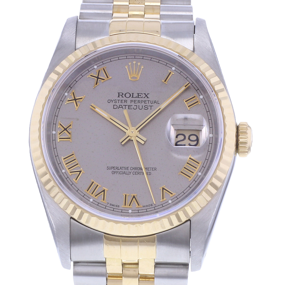 Montre d'occasion ROLEX DateJust 36 homme mouvement automatique certifié (cosc) bracelet or jaune 750/000 et acier - vue D1