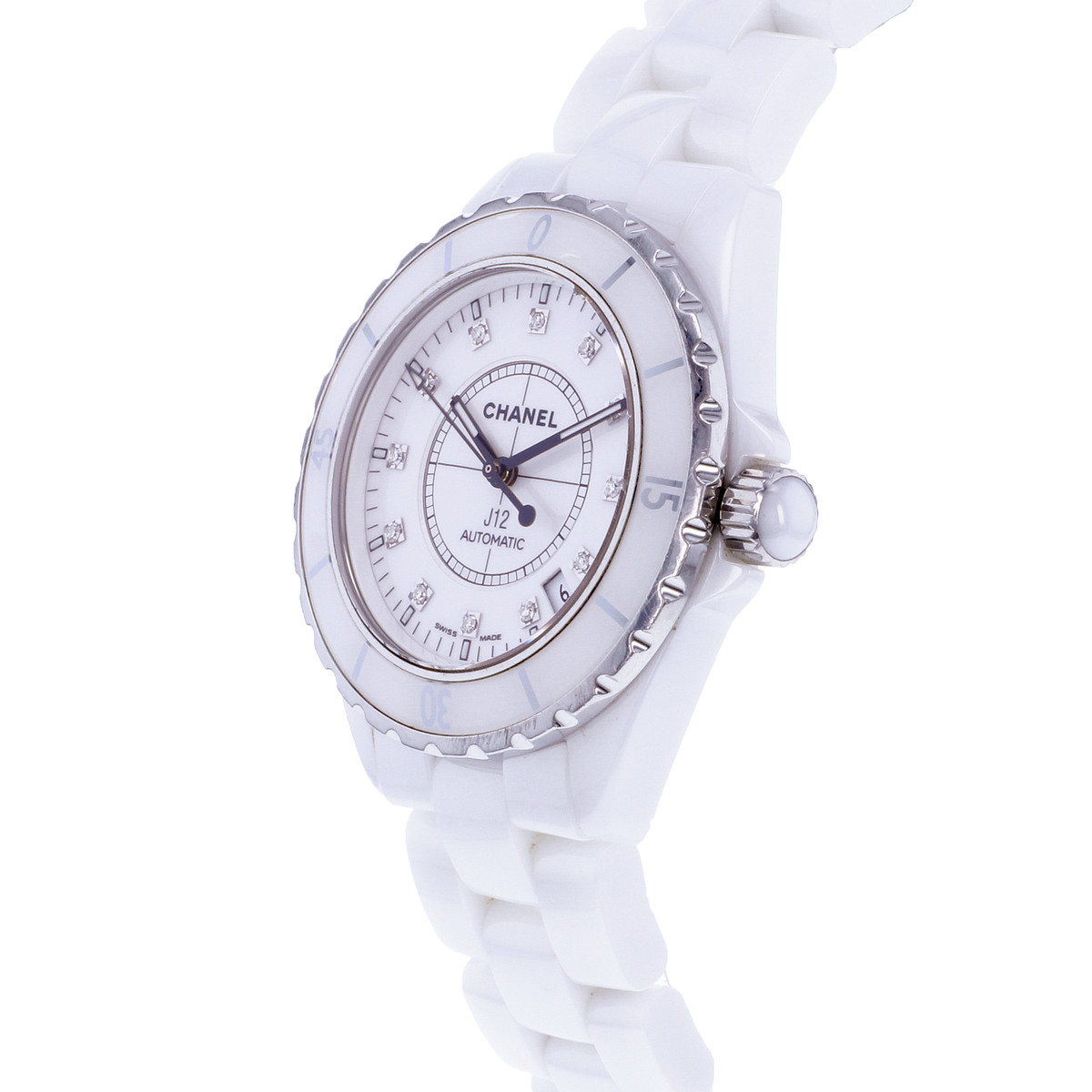 Montre d'occasion CHANEL J12 38 mm Index diamants femme automatique bracelet céramique - vue D2