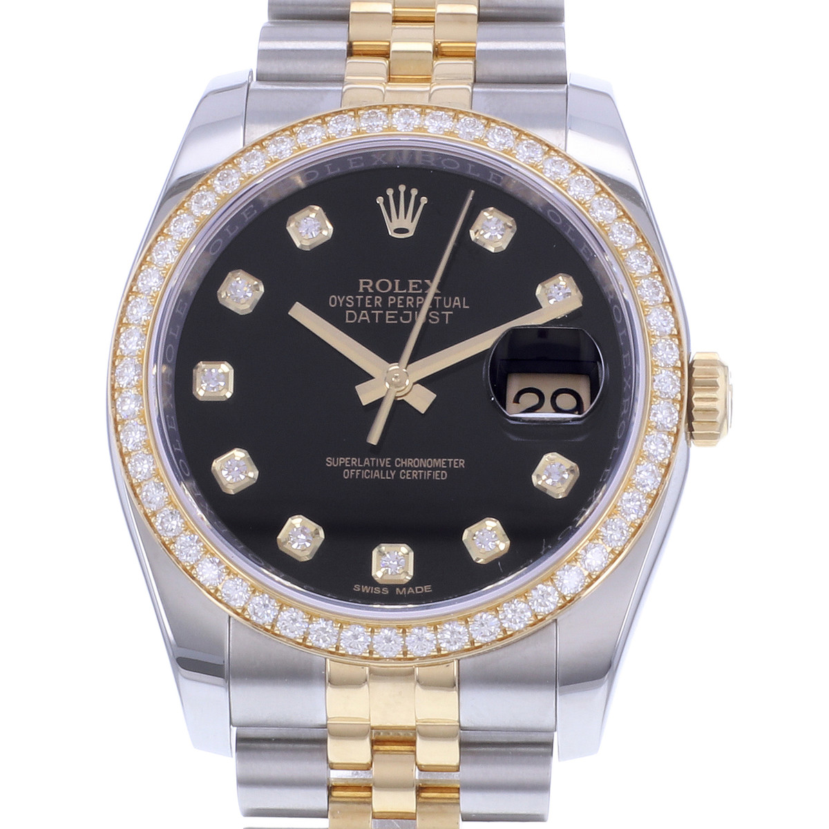 Montre d'occasion ROLEX DateJust 36 Diamants femme mouvement automatique certifié (cosc) bracelet or jaune 750/000 et acier - vue D1