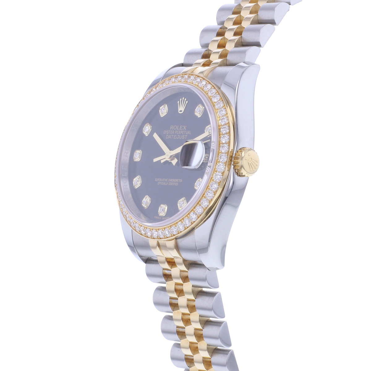 Montre d'occasion ROLEX DateJust 36 Diamants femme mouvement automatique certifié (cosc) bracelet or jaune 750/000 et acier - vue D2
