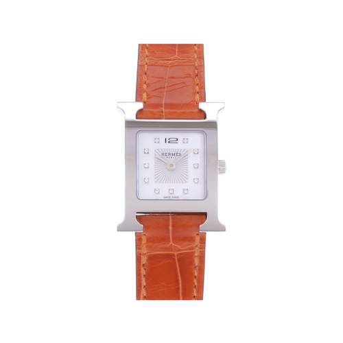 Montre d'occasion HERMES Heure H Index diamants femme quartz bracelet cuir d'origine