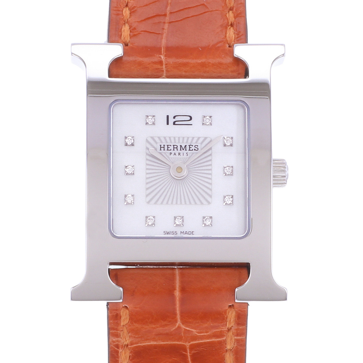 Montre d'occasion HERMES Heure H Index diamants femme quartz bracelet cuir d'origine - vue D1