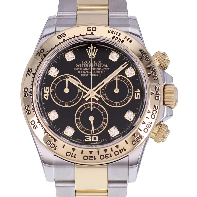 Montre d'occasion ROLEX Cosmograph Daytona Index diamants homme mouvement automatique certifié (cosc) bracelet or jaune 750/000 et acier - vue D1